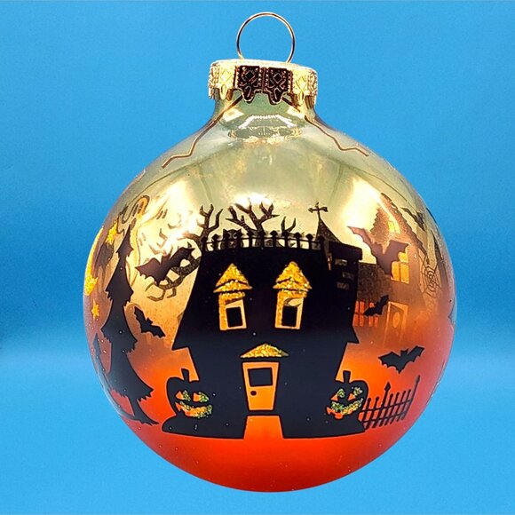 Halloween Haunted House Orange Glass Ball Ornament with Bats & Pumpkins - Picture 3 of 8